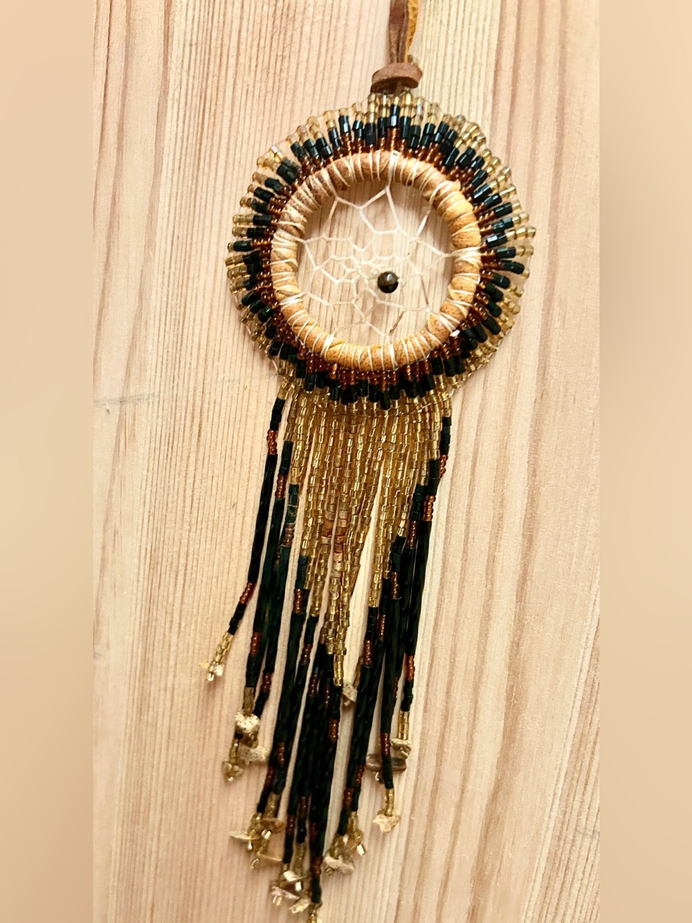 Beautiful Beaded Indigenous Dream Catcher with Black & Gold Beads, Leather